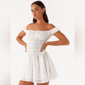 PEPPERMAYO Total Bliss Shirred Off-Shoulder White Floral Mini Dresses